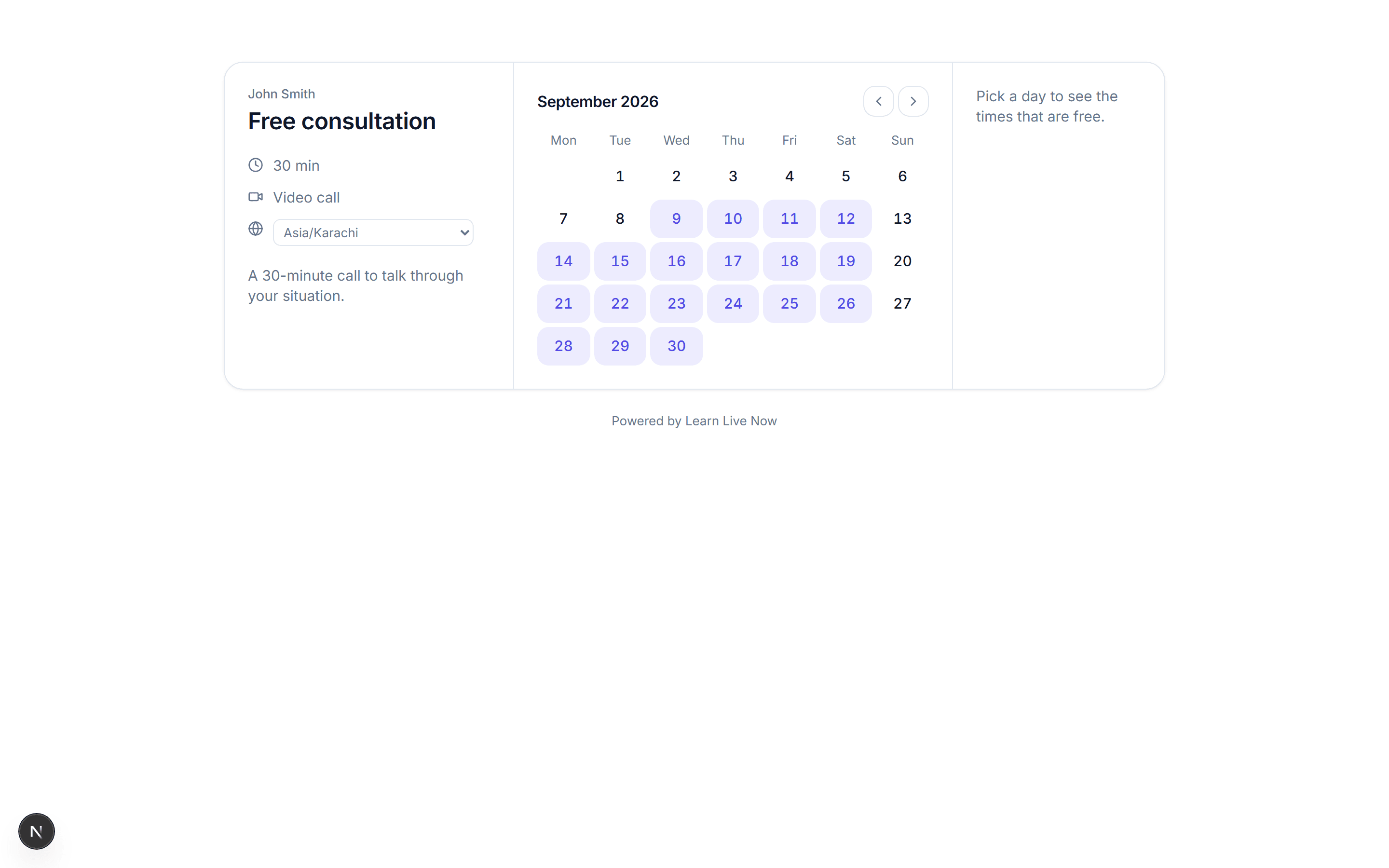 Booking page with a month calendar and time slots