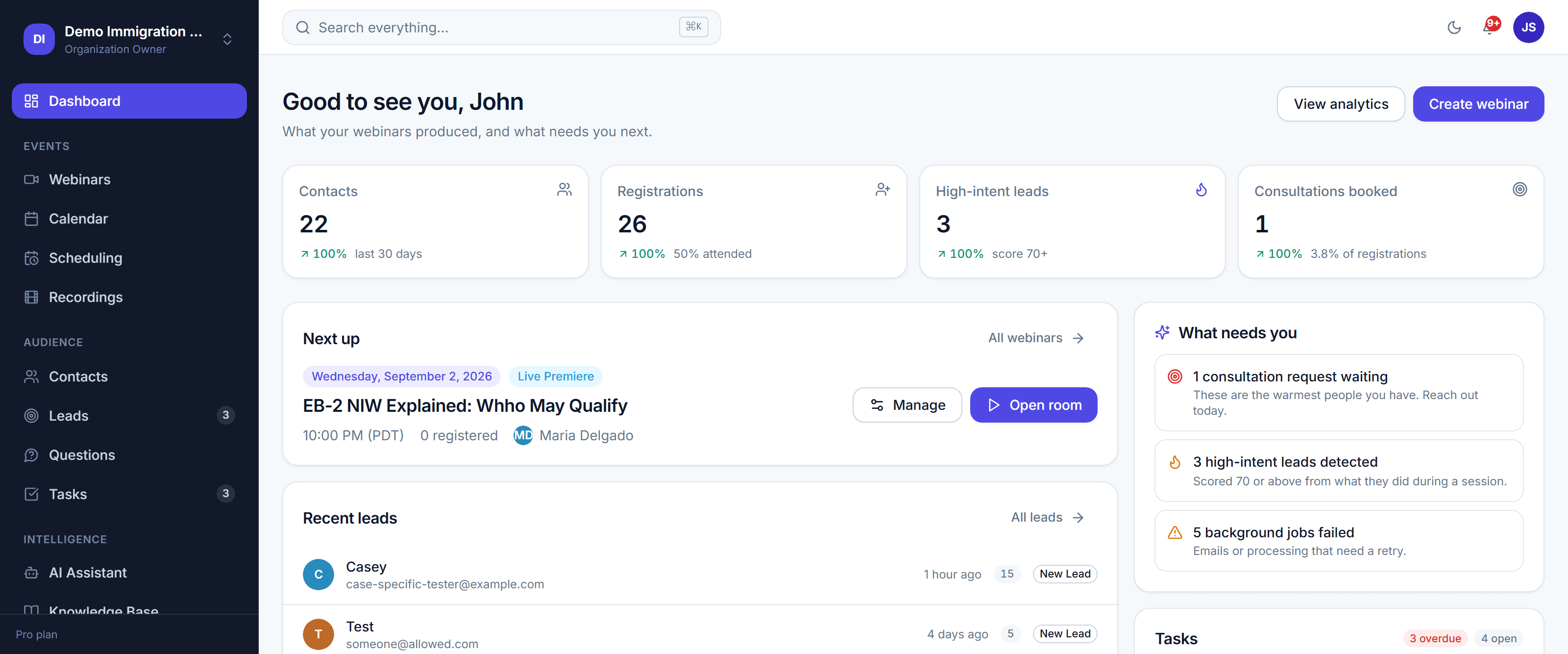 Hero product shot — the live webinar room, in a browser frame